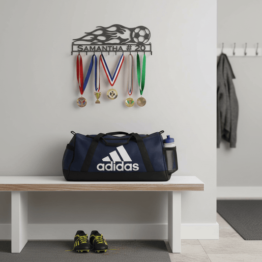 Rusty Rooster Fabrication & Design Home Decor Soccer Ball with Flames and Custom Text Box and 12 Hooks (H20)