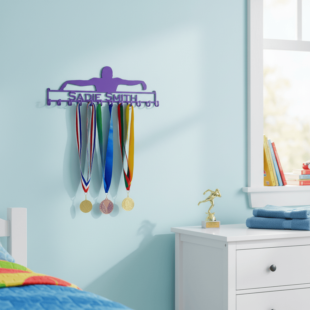 Rusty Rooster Fabrication & Design Home Decor Swimmer Medal Rack with Personalized Text Field (V22)