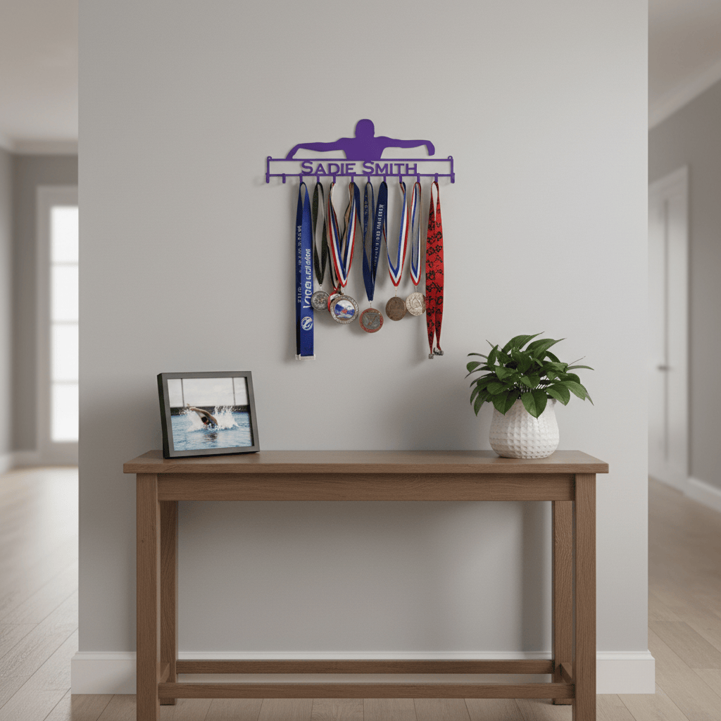 Rusty Rooster Fabrication & Design Home Decor Swimmer Medal Rack with Personalized Text Field (V22)