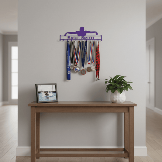 Rusty Rooster Fabrication & Design Home Decor Swimmer Medal Rack with Personalized Text Field (V22)