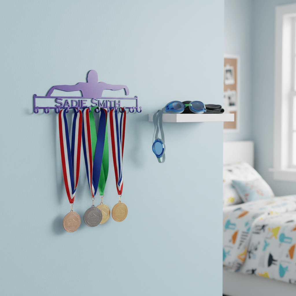 Rusty Rooster Fabrication & Design Home Decor Swimmer Medal Rack with Personalized Text Field (V22)