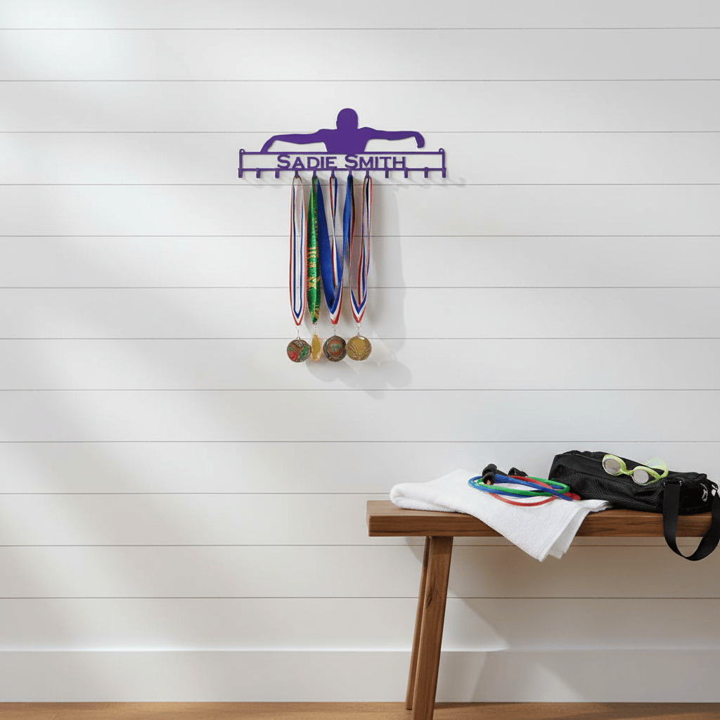 Rusty Rooster Fabrication & Design Home Decor Swimmer Medal Rack with Personalized Text Field (V22)