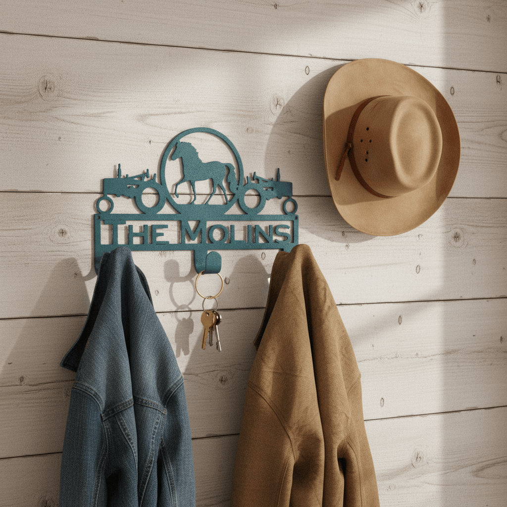 Rusty Rooster Fabrication & Design Home Decor Tractors and Horse Hat/Coat Rack with Personalized Text (K21)