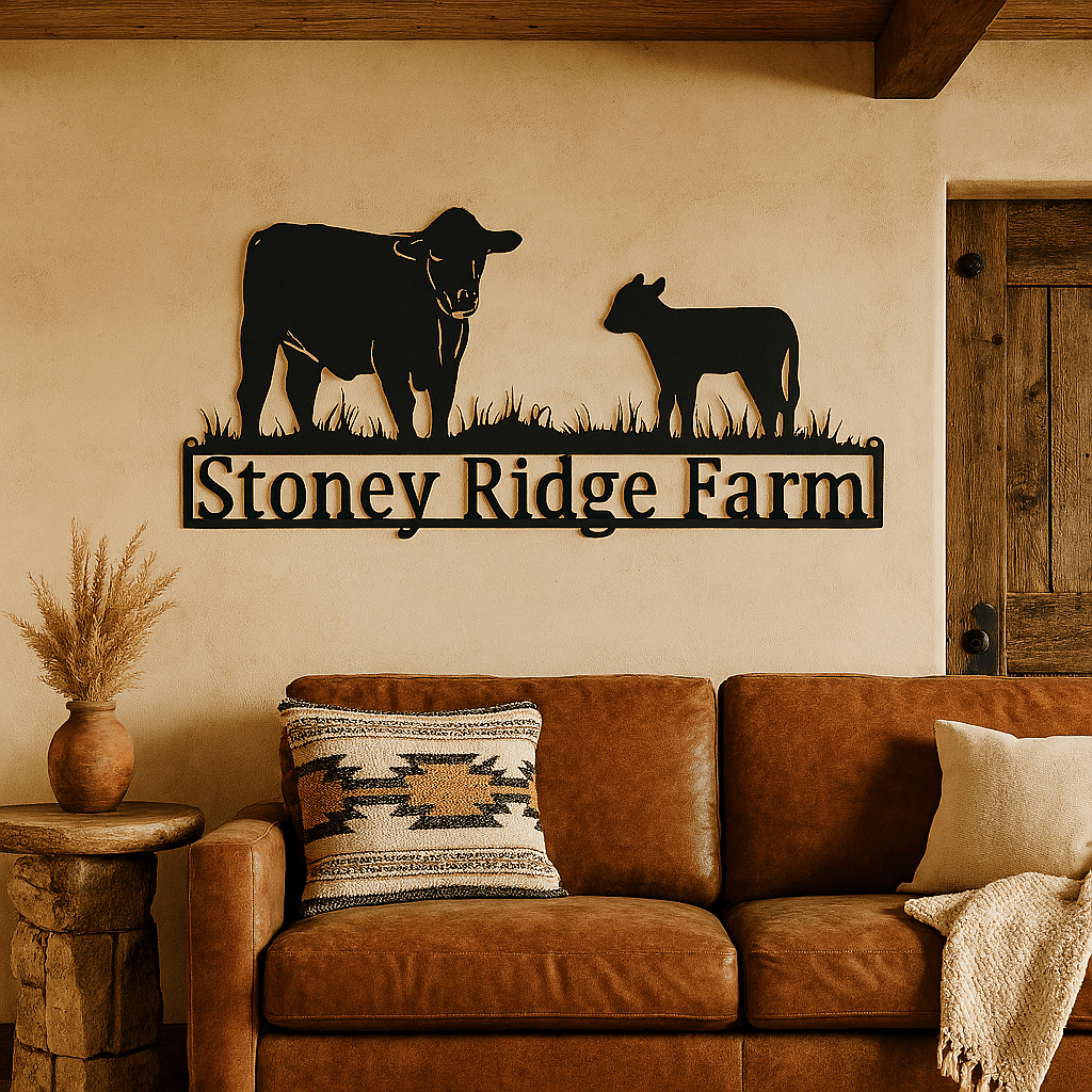 Rusty Rooster Fabrication & Design Home Decor 🤠 Utterly Western – Custom Cow & Calf Metal Ranch Sign (W2)