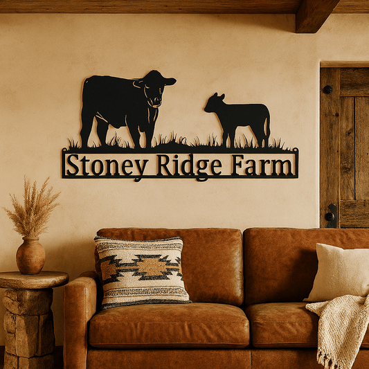 Rusty Rooster Fabrication & Design Home Decor 🤠 Utterly Western – Custom Cow & Calf Metal Ranch Sign (W2)