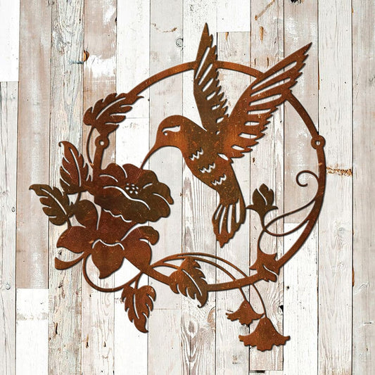 Rusty Rooster Fabrication & Design Large Hummingbird Flower Metal Wall Art (O)