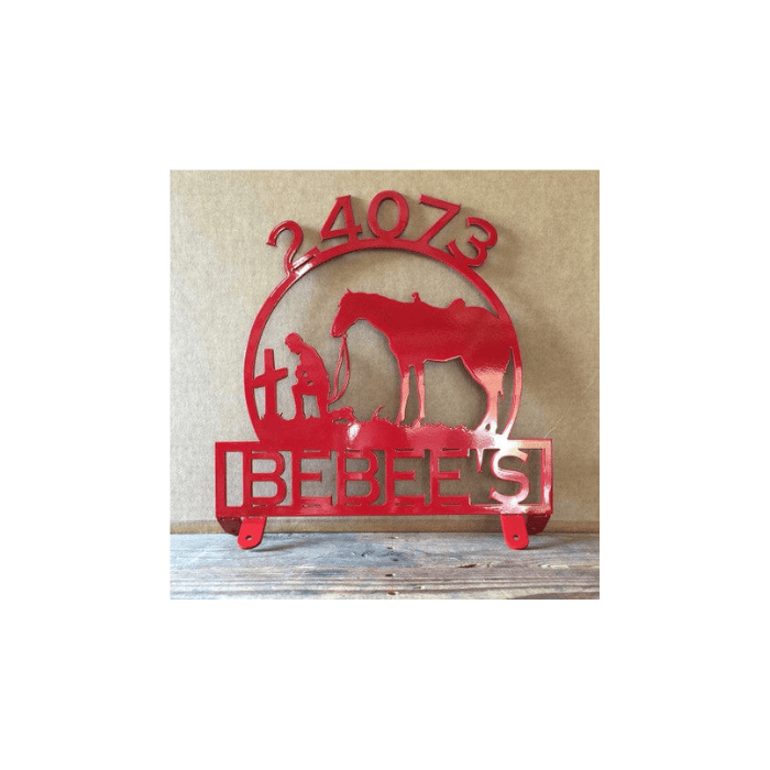 Rusty Rooster Fabrication & Design Mail Box Topper with Praying Cowboy and Horse with Personalized Text Box (Z28)
