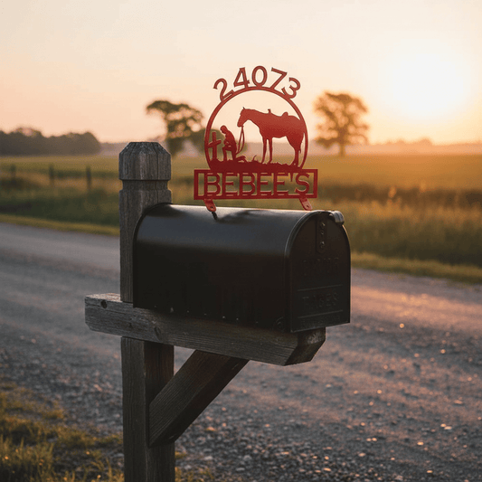 Rusty Rooster Fabrication & Design Mail Box Topper with Praying Cowboy and Horse with Personalized Text Box (Z28)
