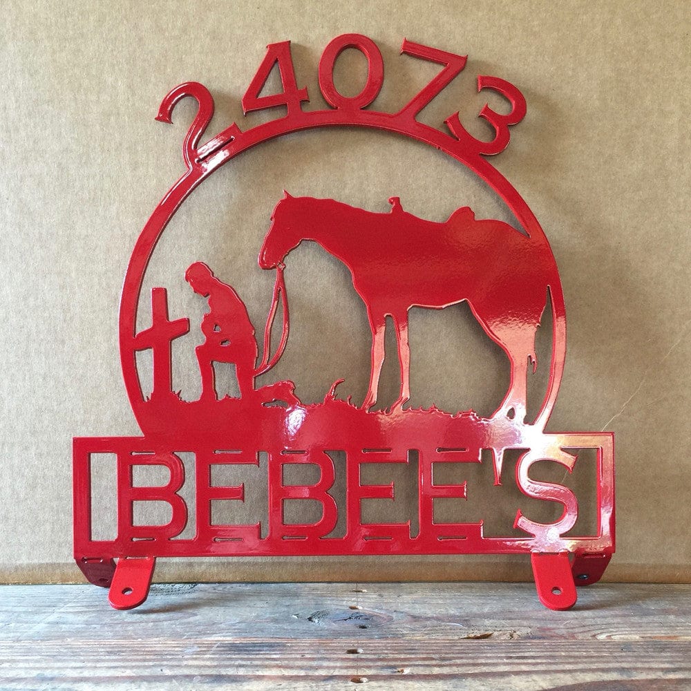 Rusty Rooster Fabrication & Design Mail Box Topper with Praying Cowboy and Horse with Personalized Text Box (Z28)