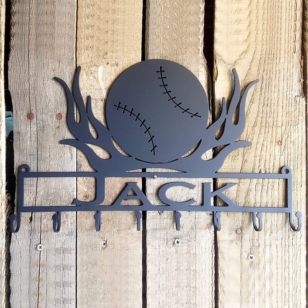 Rusty Rooster Fabrication & Design Medal Holder Baseball with Flames with Custom Text Box with 8 Hooks   (D28)