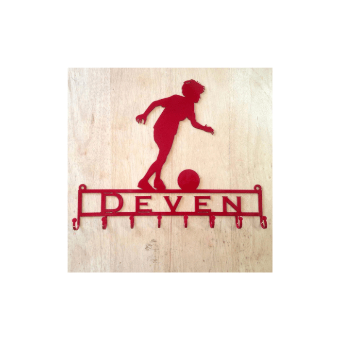 Rusty Rooster Fabrication & Design Medal Holder with Soccer Player Running with Ball with Custom Text Field and 8 Hooks   (Z22)