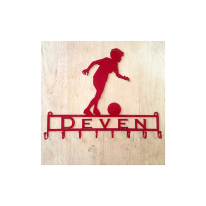 Rusty Rooster Fabrication & Design Medal Holder with Soccer Player Running with Ball with Custom Text Field and 8 Hooks   (Z22)