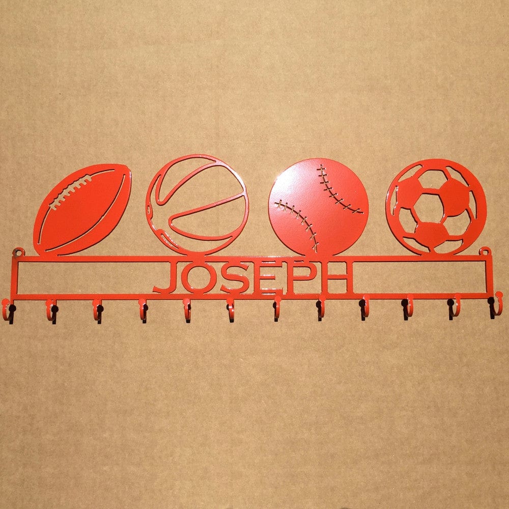 Rusty Rooster Fabrication & Design Medal Rack with 4 Sport Ball of your choice with Personalized Text Field (W16)