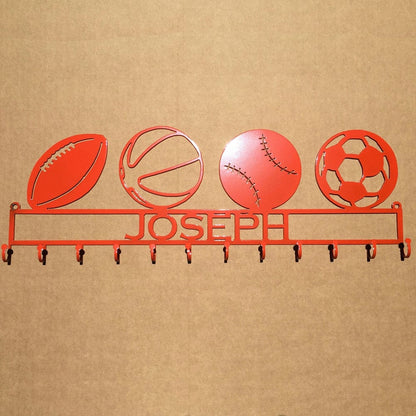 Rusty Rooster Fabrication & Design Medal Rack with 4 Sport Ball of your choice with Personalized Text Field (W16)
