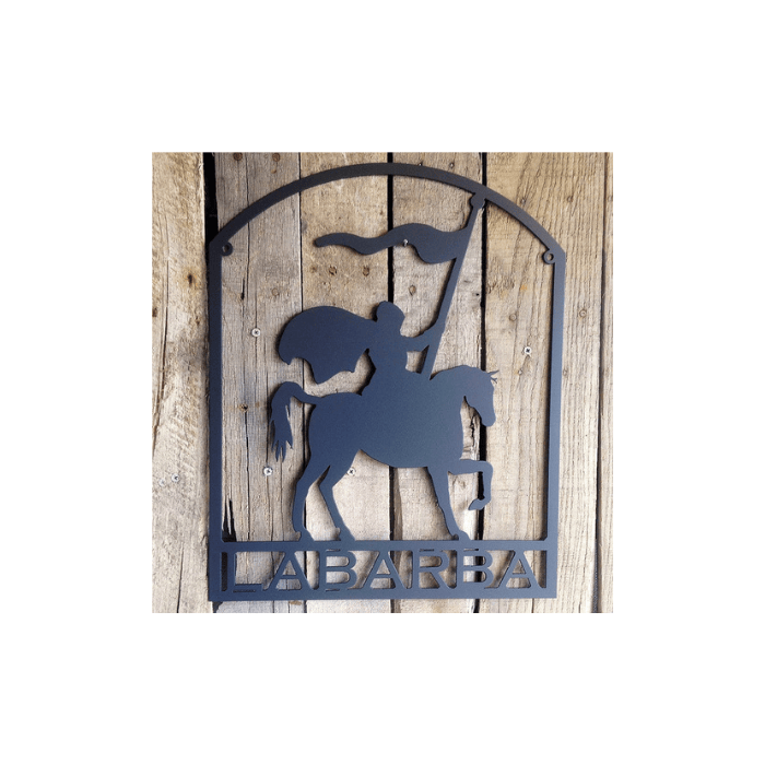 Rusty Rooster Fabrication & Design Metal Art Knight on Horse with Flag and Custom Text Sign (L15)