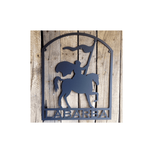 Rusty Rooster Fabrication & Design Metal Art Knight on Horse with Flag and Custom Text Sign (L15)