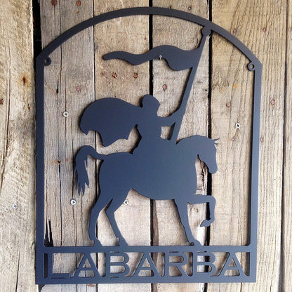 Rusty Rooster Fabrication & Design Metal Art Knight on Horse with Flag and Custom Text Sign (L15)