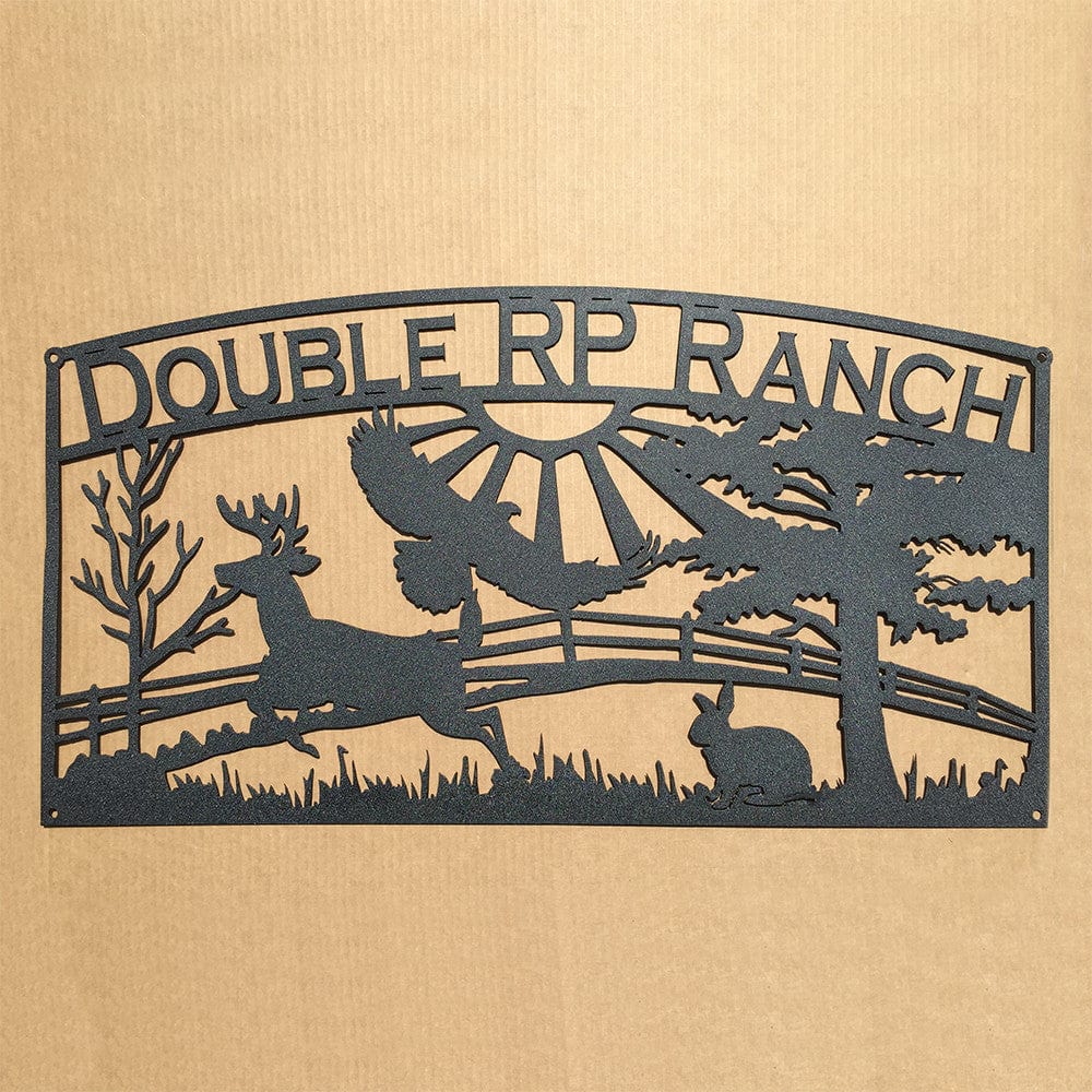 Rusty Rooster Fabrication & Design Metal Art Ranch Sign with Eagle, Buck, Rabbit, and Custom Text Field (A25)