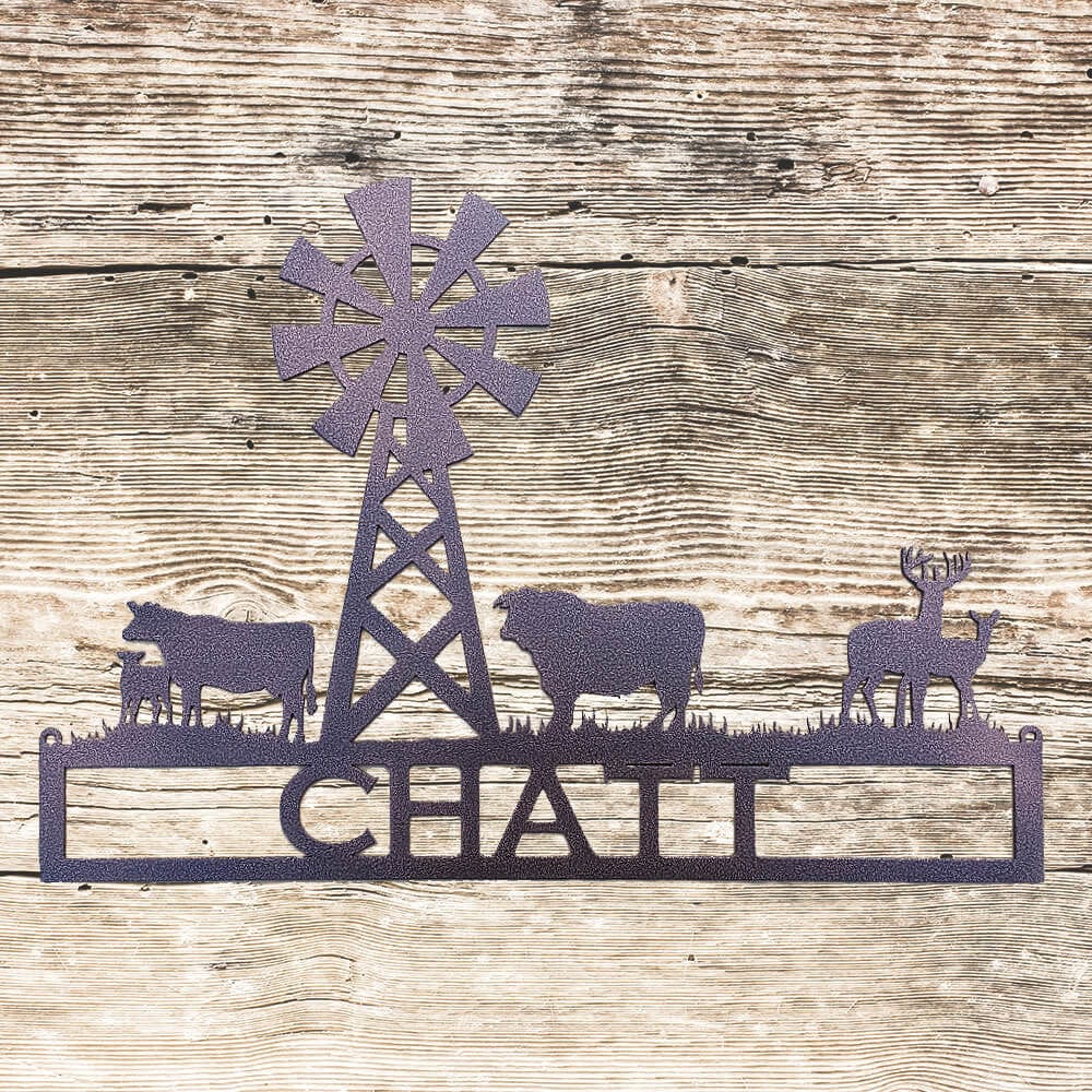 Rusty Rooster Fabrication & Design Metal Art Windmill with Cows and Deer Custom Text sign (G12)