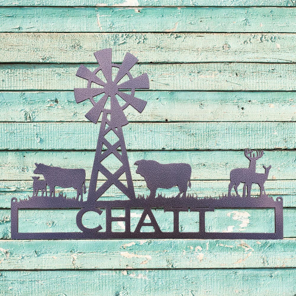 Rusty Rooster Fabrication & Design Metal Art Windmill with Cows and Deer Custom Text sign (G12)