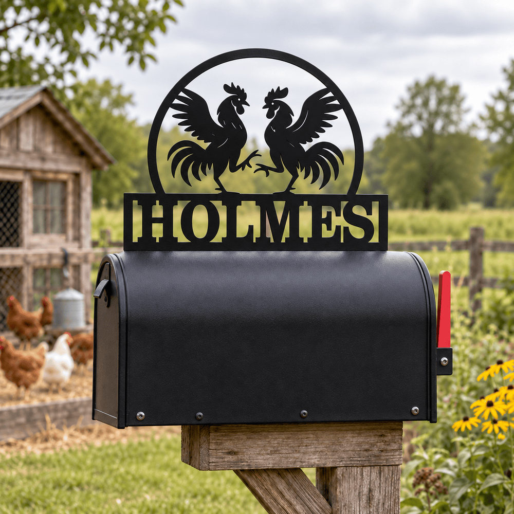 Rusty Rooster Fabrication & Design Metal Mailbox Topper Personalized Rooster Mailbox Topper – Custom Family Name (D76)