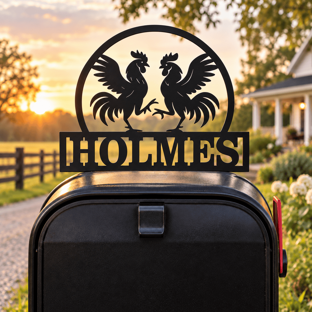 Rusty Rooster Fabrication & Design Metal Mailbox Topper Personalized Rooster Mailbox Topper – Custom Family Name (D76)
