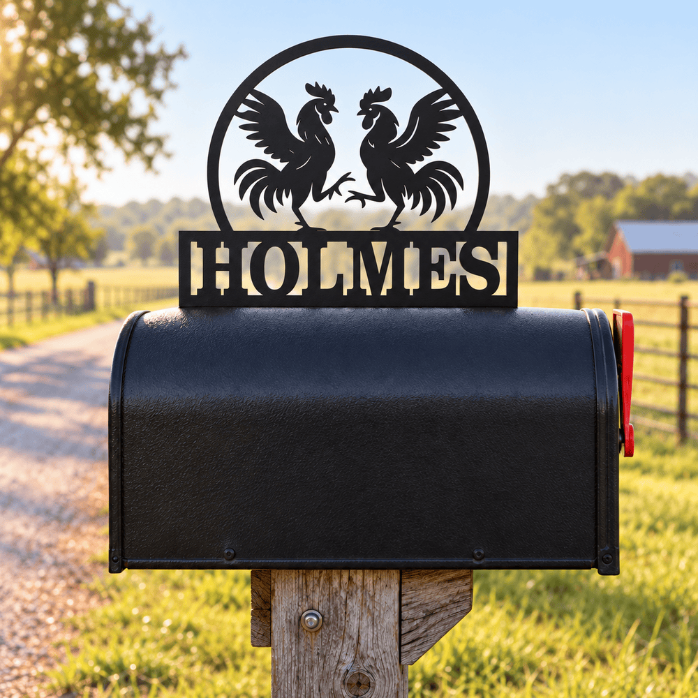 Rusty Rooster Fabrication & Design Metal Mailbox Topper Personalized Rooster Mailbox Topper – Custom Family Name (D76)
