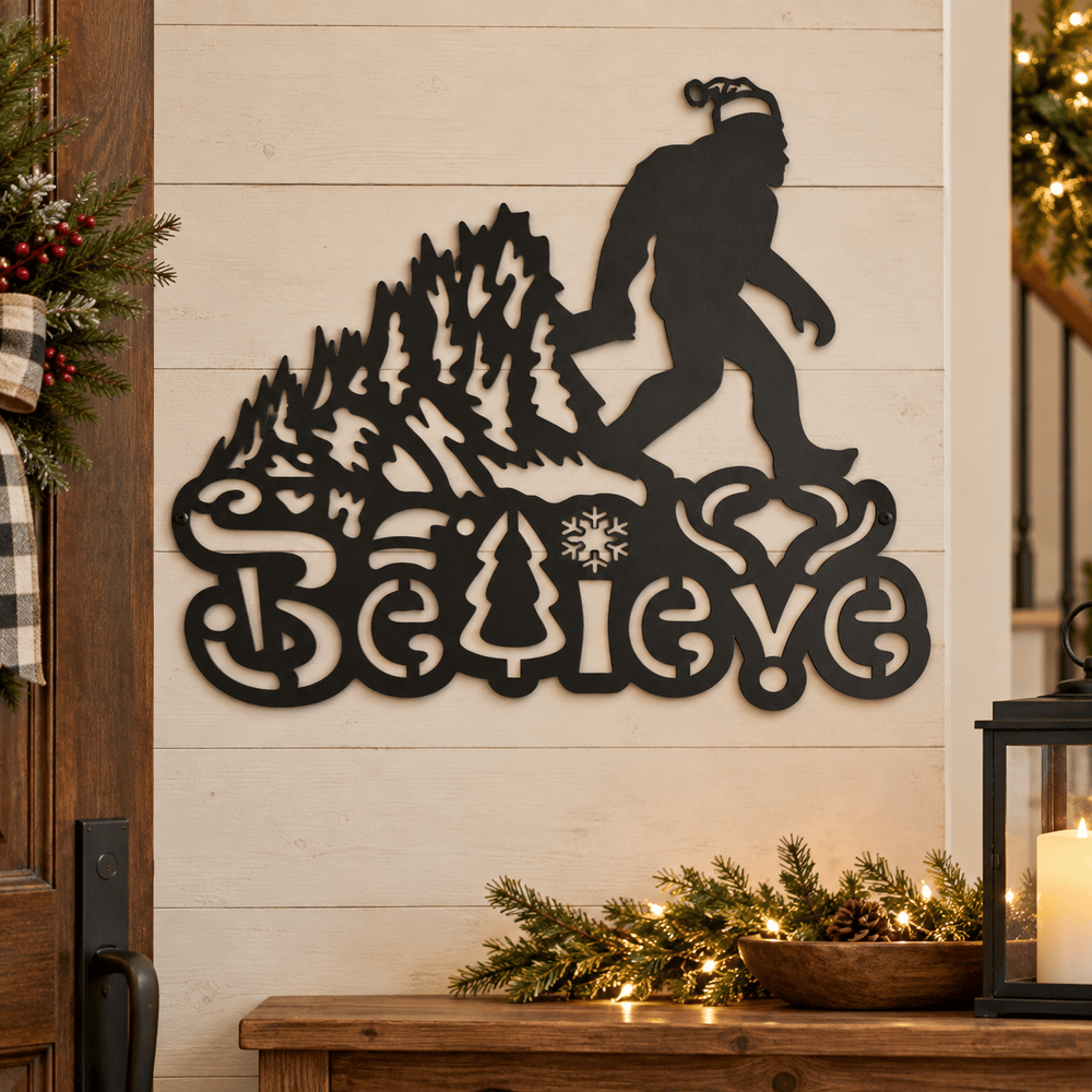 Rusty Rooster Fabrication & Design Metal Sign Bigfoot Believe Christmas Metal Sign (D81)
