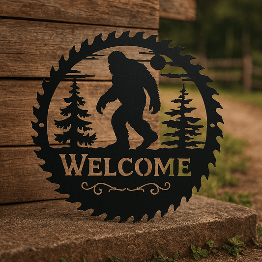 Rusty Rooster Fabrication & Design metal Sign Bigfoot Welcome Sign – Rustic Saw Blade Metal Art for Cabin or Lodge Decor B78)