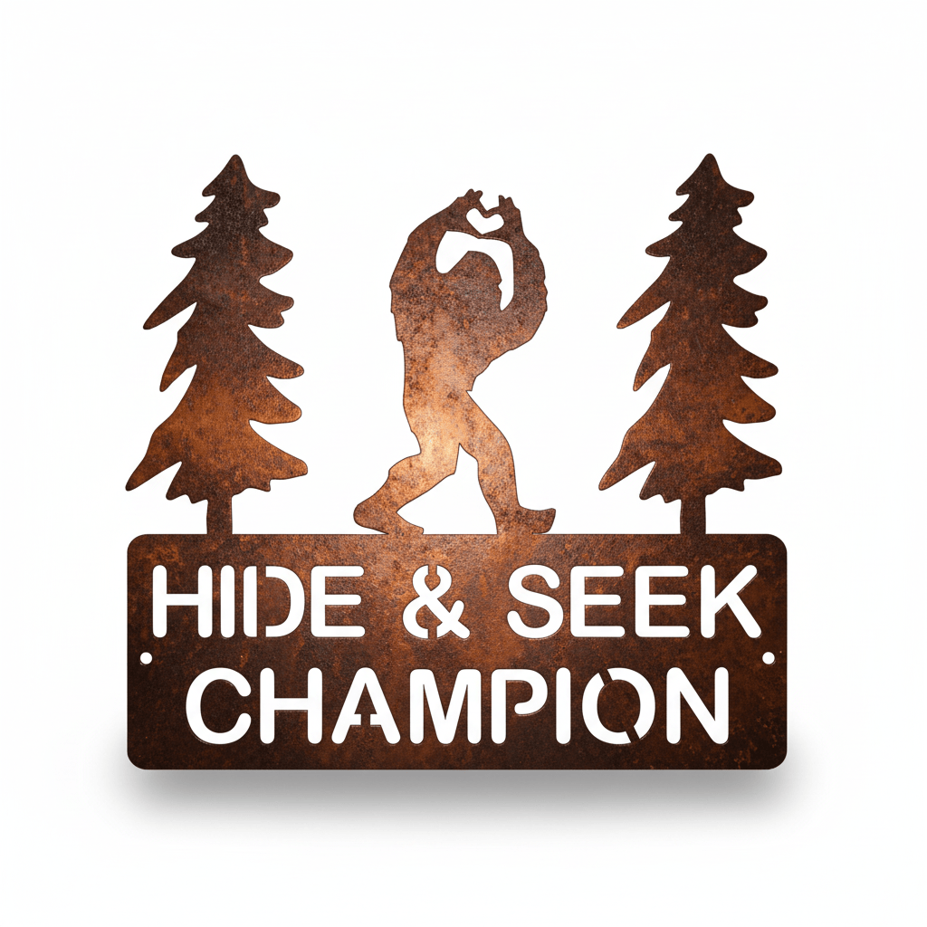 Rusty Rooster Fabrication & Design metal Sign BigFoot with Heart Hide & Seek Champion (Pkg of 4) ( A8 )