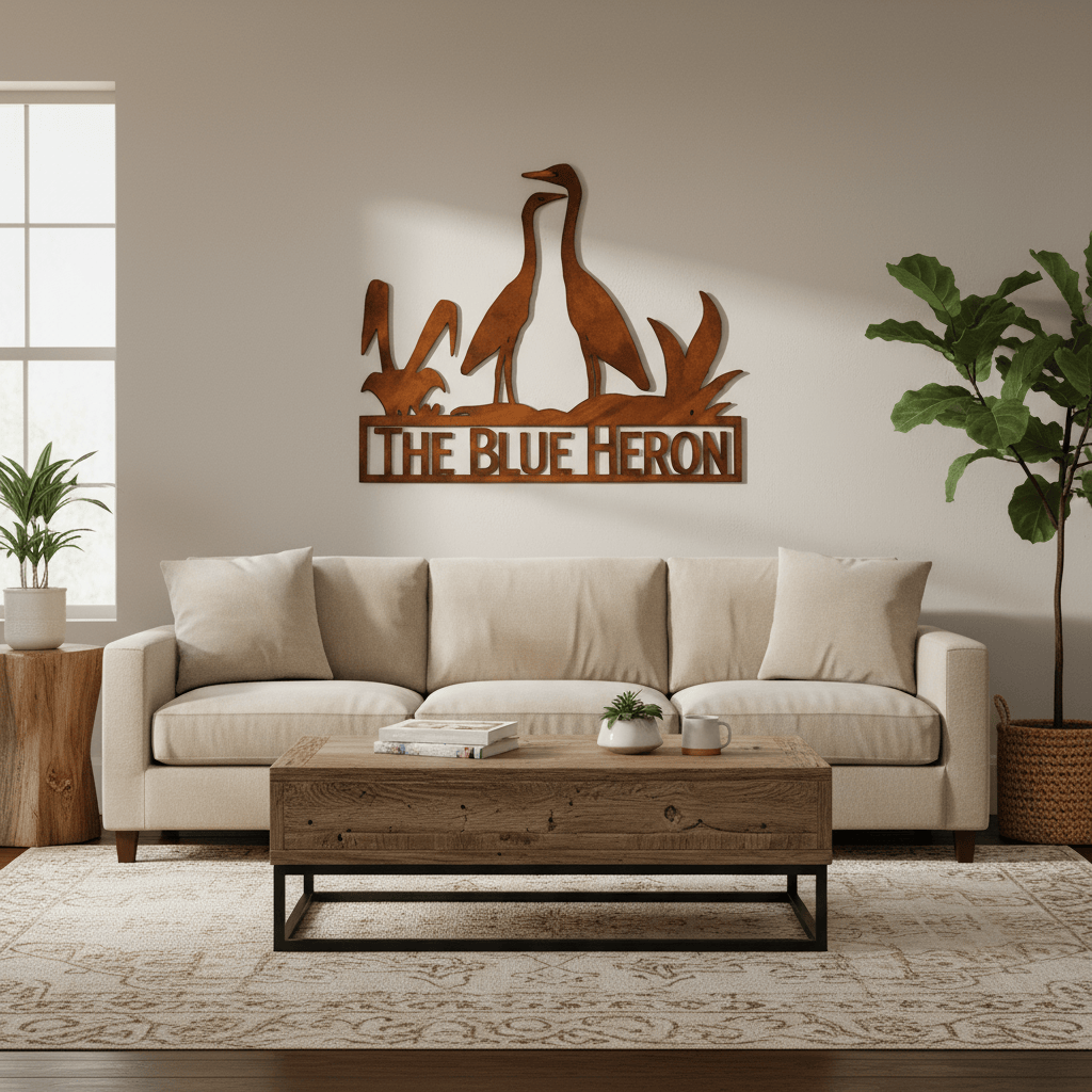 Rusty Rooster Fabrication & Design metal Sign Blue Heron Metal Wall Art – Rustic Nature-Inspired Home Decor (X1)