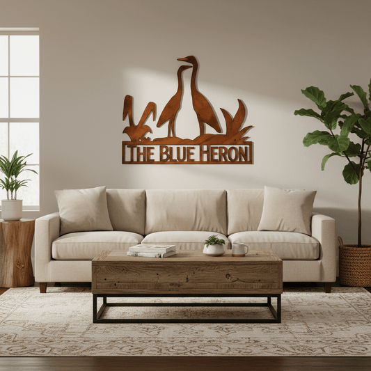 Rusty Rooster Fabrication & Design metal Sign Blue Heron Metal Wall Art – Rustic Nature-Inspired Home Decor (X1)