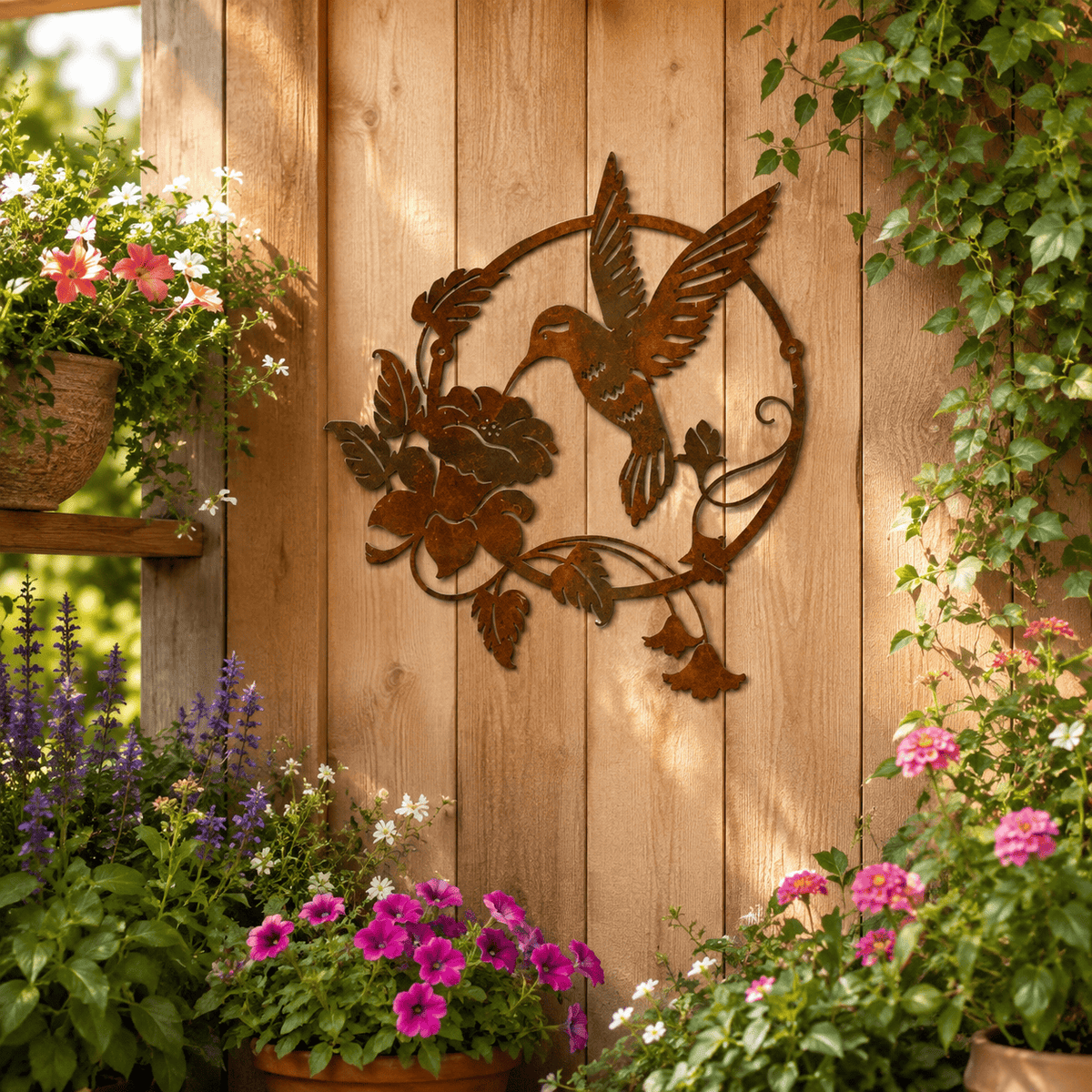 Rusty Rooster Fabrication & Design metal Sign Hummingbird & Flower Metal Wall Art – Outdoor Garden Decor (O)
