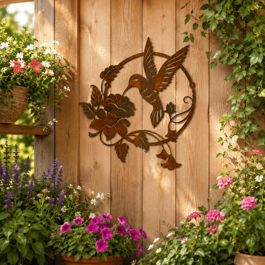 Rusty Rooster Fabrication & Design metal Sign Hummingbird & Flower Metal Wall Art – Outdoor Garden Decor (O)