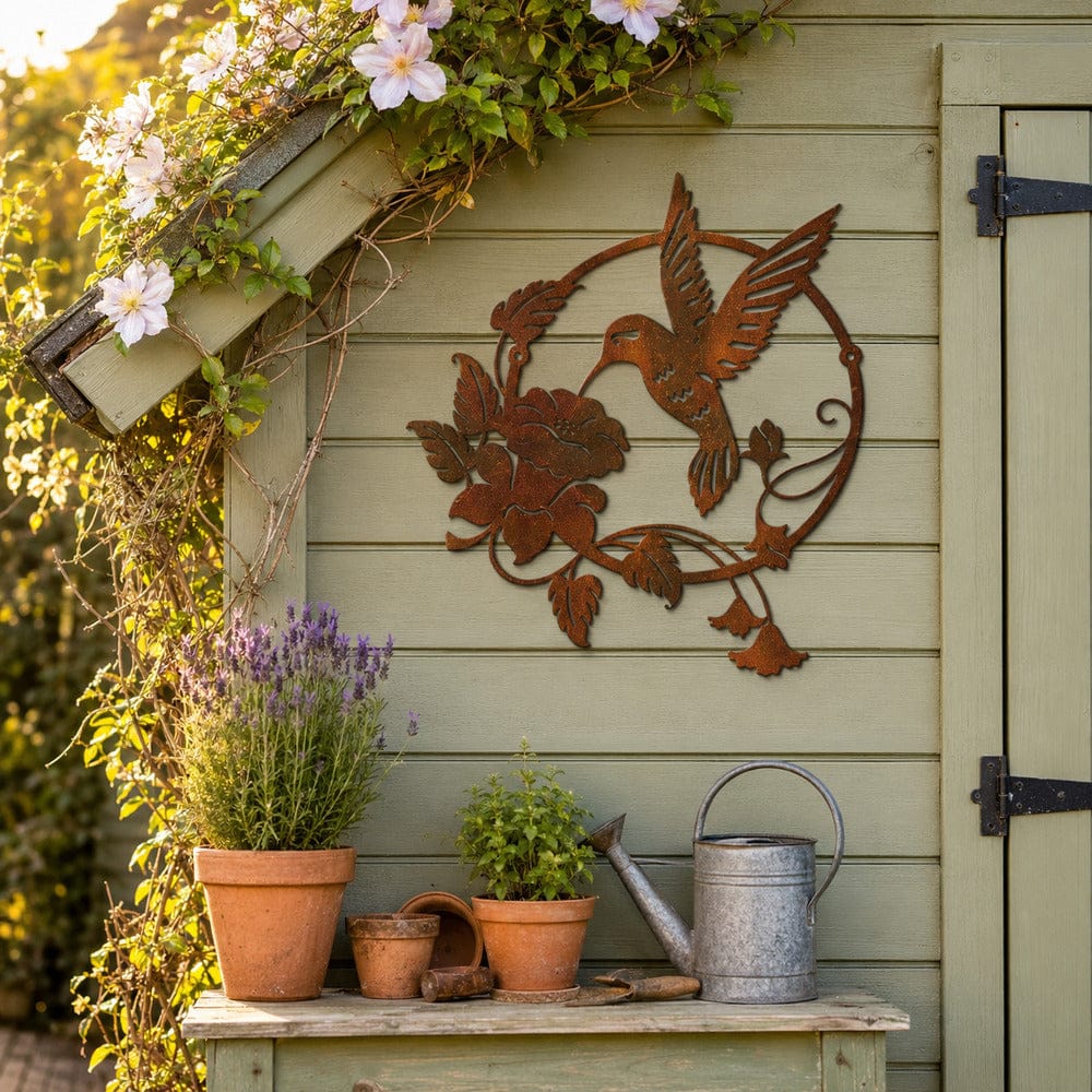 metal Sign Hummingbird Flower Metal Wall Art - Rustic Outdoor Garden Decor - Decorative Bird Wall Hanging for Patio, Fence & Home (O)