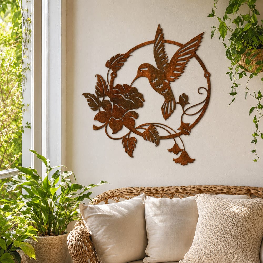 metal Sign Hummingbird Flower Metal Wall Art - Rustic Outdoor Garden Decor - Decorative Bird Wall Hanging for Patio, Fence & Home (O)