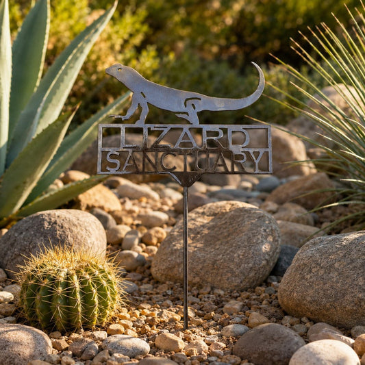 Lizard Sanctuary metal garden stake displayed in a Southwestern rock garden