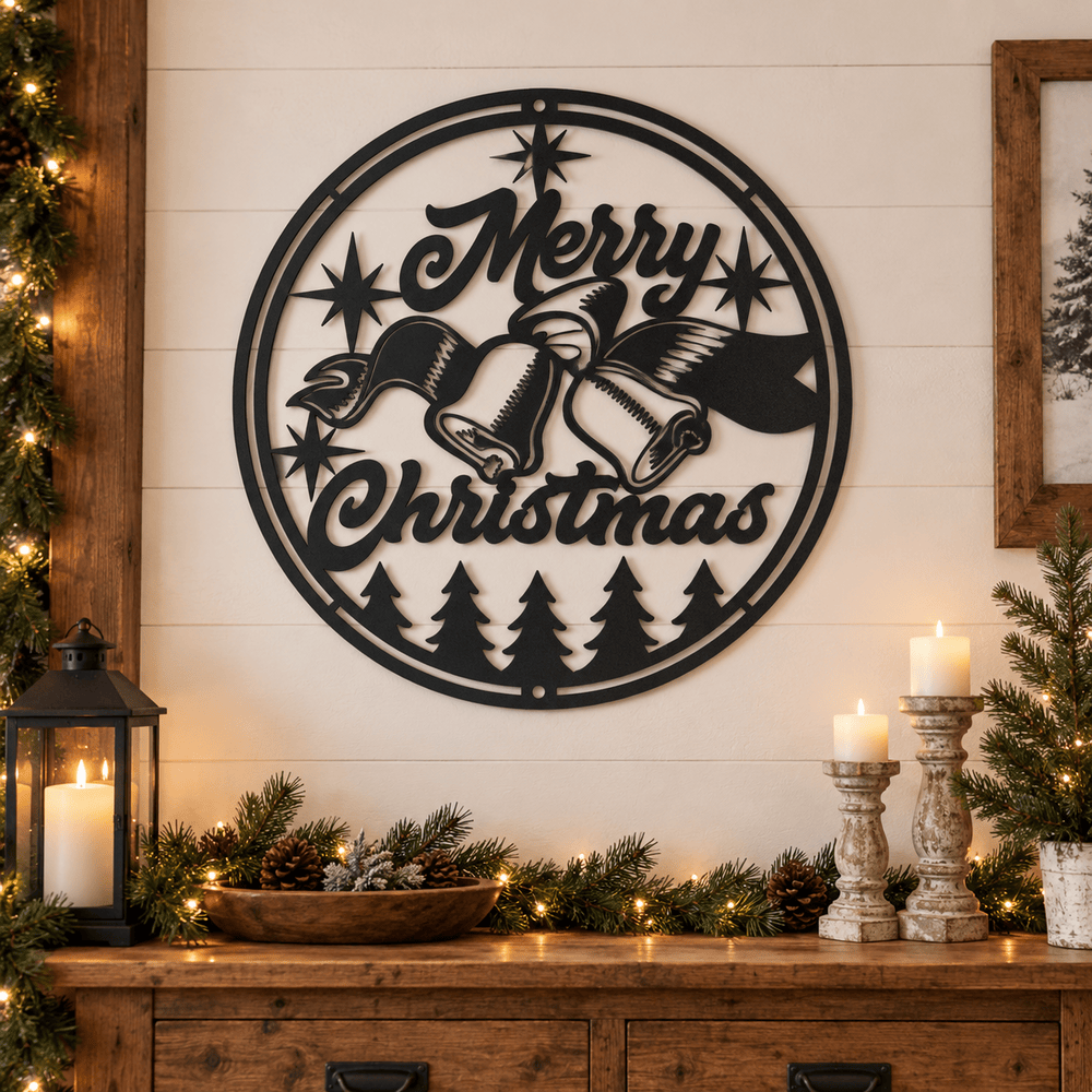 Rusty Rooster Fabrication & Design Metal Sign Merry Christmas Bells Metal Sign (D79)