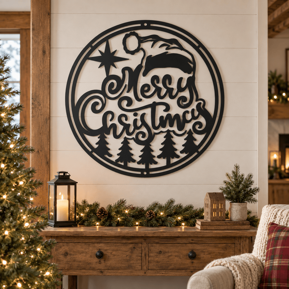 Rusty Rooster Fabrication & Design Metal Sign Merry Christmas Santa & Pine Trees Metal Sign (D78)