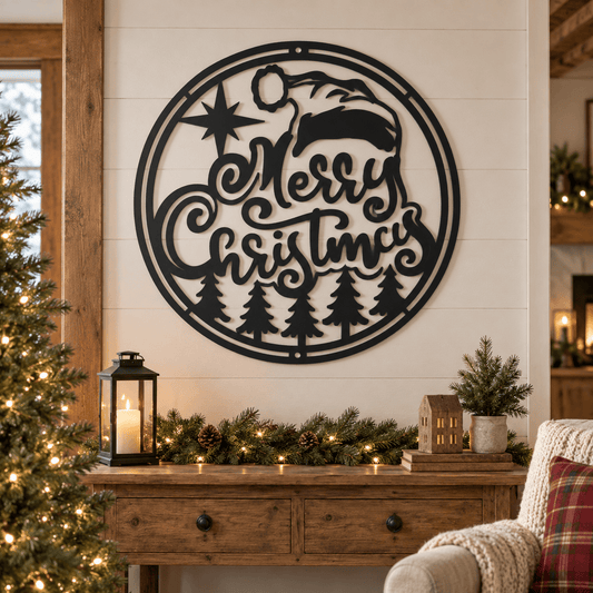 Rusty Rooster Fabrication & Design Metal Sign Merry Christmas Santa & Pine Trees Metal Sign (D78)