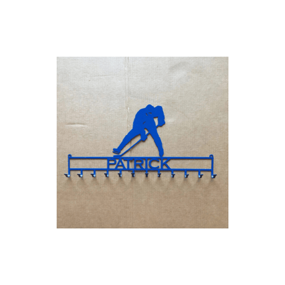 Rusty Rooster Fabrication & Design metal Sign Metal Art Hockey Player Medal Rack with Custom Text (P18)