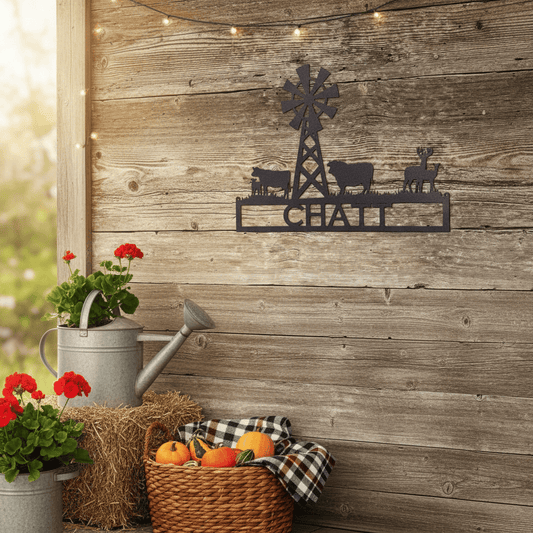 Rusty Rooster Fabrication & Design metal Sign Metal Art Windmill with Cows and Deer Custom Text sign (G12)