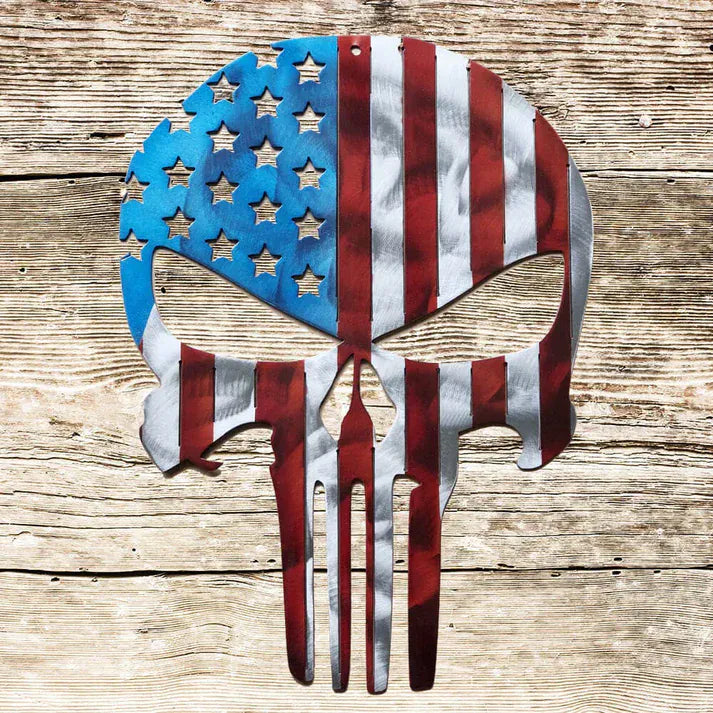 Rusty Rooster Fabrication & Design metal Sign 🇺🇸 Metal Punisher Skull – Red, White & Blue Powder-Coated Tribute (B73)