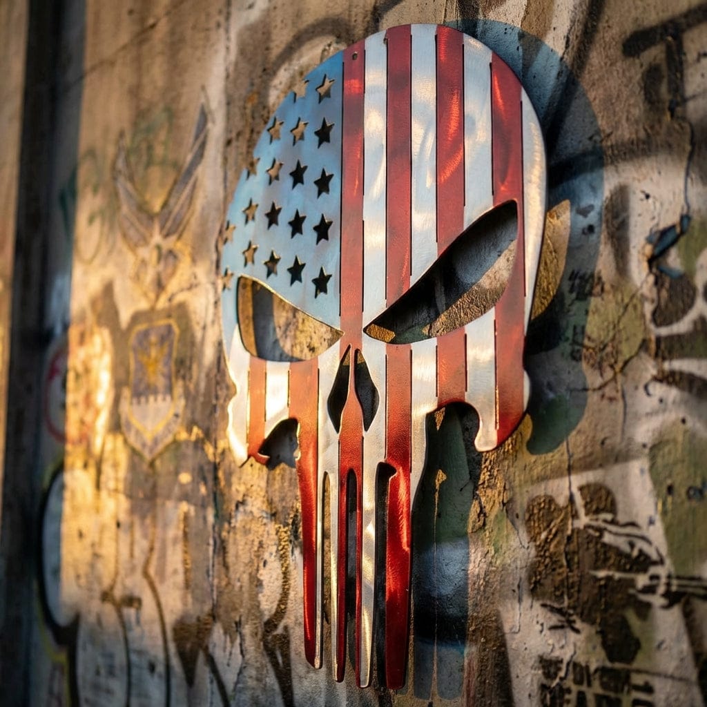 Rusty Rooster Fabrication & Design metal Sign 🇺🇸 Metal Punisher Skull – Red, White & Blue Powder-Coated Tribute (B73)