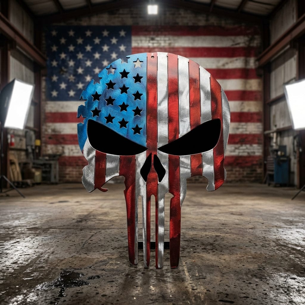Rusty Rooster Fabrication & Design metal Sign 🇺🇸 Metal Punisher Skull – Red, White & Blue Powder-Coated Tribute (B73)