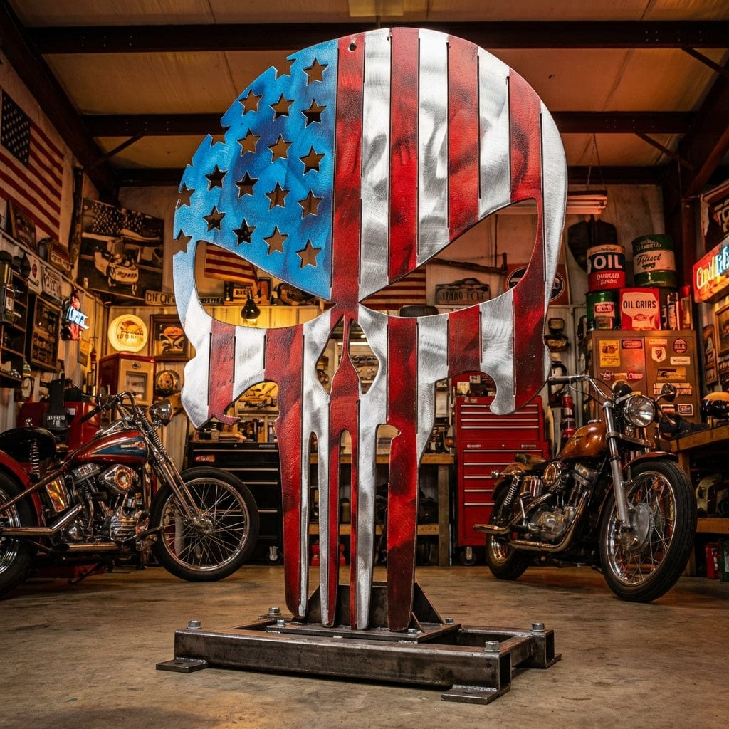 Rusty Rooster Fabrication & Design metal Sign 🇺🇸 Metal Punisher Skull – Red, White & Blue Powder-Coated Tribute (B73)