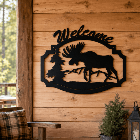 Rusty Rooster Fabrication & Design Metal Sign Moose Welcome Metal Sign – Rustic Cabin & Lodge Decor (B33)