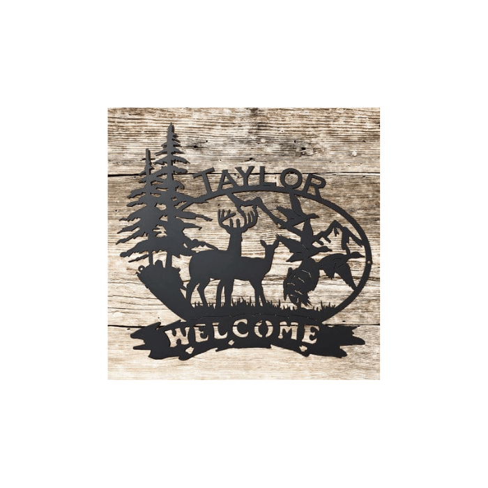 Rusty Rooster Fabrication & Design metal Sign Outdoor Scene with Deer, Ducks, Turkey, and Custom Text (B26)