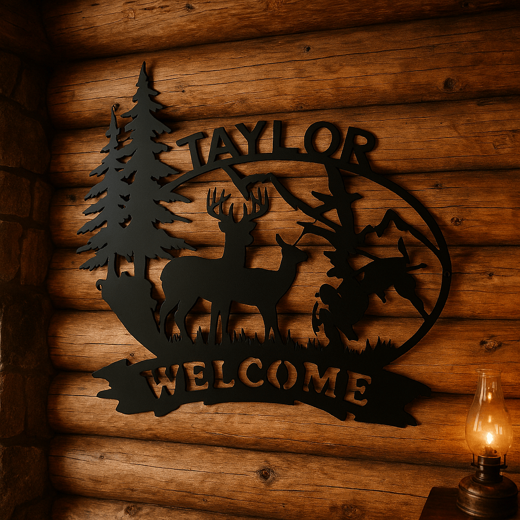 Rusty Rooster Fabrication & Design metal Sign Outdoor Scene with Deer, Ducks, Turkey, and Custom Text (B26)