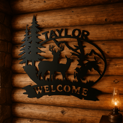 Rusty Rooster Fabrication & Design metal Sign Outdoor Scene with Deer, Ducks, Turkey, and Custom Text (B26)